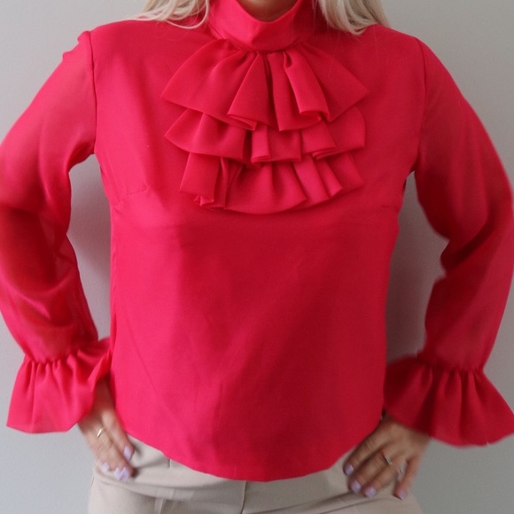 70’s Fuchsia Ruffle Blouse with Flounce Sleeves - Picture 2 of 5